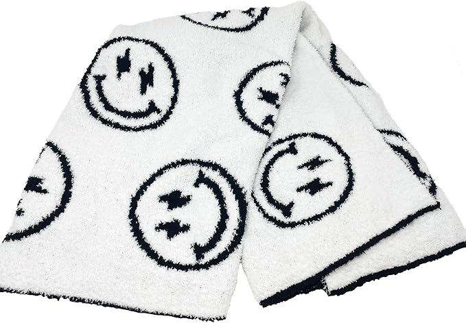 Smiley Face with Lightning Bolt Eyes Baby Blanket 28"x40" - DreamSoft Throw for Crib, Stroller or Car Seat -Receiving Blanket/Newborn Nursery Gift for Toddler, Infant, Kids, Boys & Girls (Black/White)