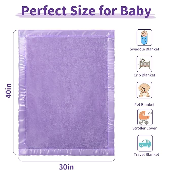 Pro Goleem Fleece Baby Blanket with 2 Inch Satin Trim Soft Plush Blanket for Boys and Girls for Babies Purple 30''x40''