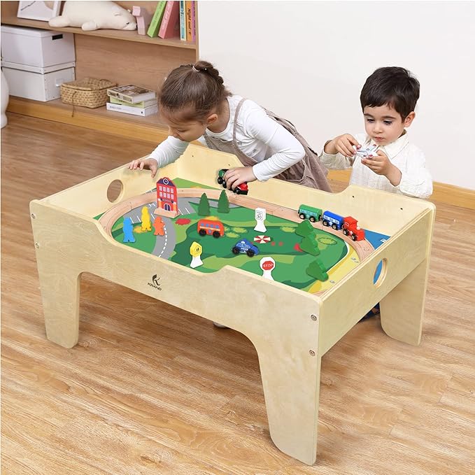 Kid's All-in-One Activity Play Table with 290 Building Bricks and 30-Piece Wooden Train Set Railway,Cars,Track and Accessories for Toddlers Boys and Girls Children's Toy Playset Game Desk
