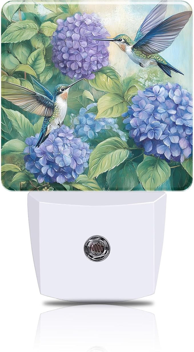 Night Light Hummingbird and Hydrangea Night Lights Plug into Wall Smart Dusk to Dawn Sensor 0.5W Energy Efficient Led Lamp for Men Women Bedroom Bathroom Hallway Stairway Decor