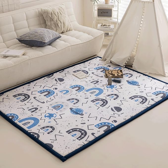 Loartee Rainbow Kids Play Mat - 1" Thick Baby Nursery Rug, Soft Crawling for Toddlers, Coral Velvet Memory Foam Tummy Time, Blue, 78"x94"