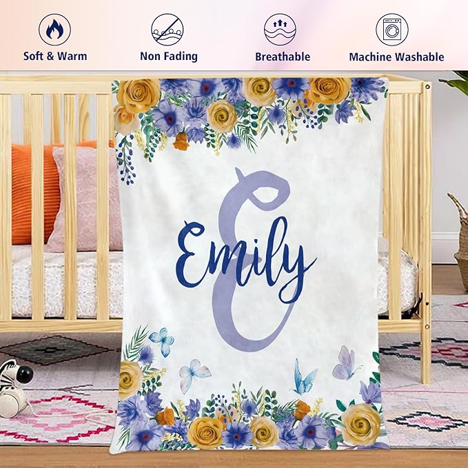 EVER2000 Personalized Baby Blanket for Girls, Custom Floral Baby Blanket with Name, Soft & Fuzzy Newborn Receiving Blankets for Toddler, Customized Baby Gifts for Birthday Baby Shower