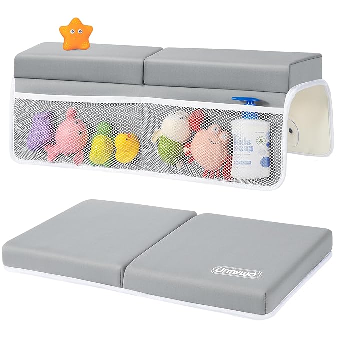 URMYWO Bath Kneeler and Elbow Rest Pad Set - 1.5" Thick Baby Bath Kneeler Pads with Toys Organizer, Anti-Slip Cozy Knee & Arm Support Bathtub Mat, Quick Dry Kneeling Pad for Baby Bath Time