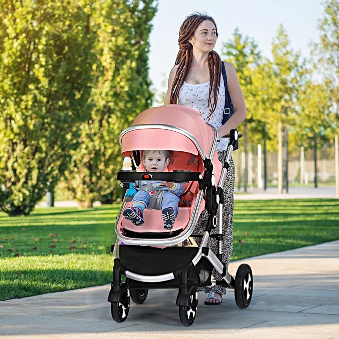 Kinder King 3 in 1 Reversible Baby Stroller w/Detachable Tray, Convert to Newborn Pram, Folding Infant Carriage for Toddler, Adjustable Canopy & Handle, Aluminum Alloy, Suspension Wheels