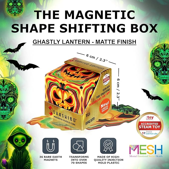 Shashibo Seasonal Halloween - Shape Shifting Box - Award-Winning, Patented Magnetic Puzzle Cube w/ 36 Rare Earth Magnets - Fidget Transforms Into Over 70 Shapes (Ghastly Jack) - Limited Edition