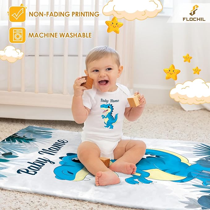Personalized Baby Blankets, Custom Baby Blanket - Baby Blanket with Name for Boys, Best Gift for Baby, Newborn Elephants Flush Fleece (30x40) (Dinosaur)