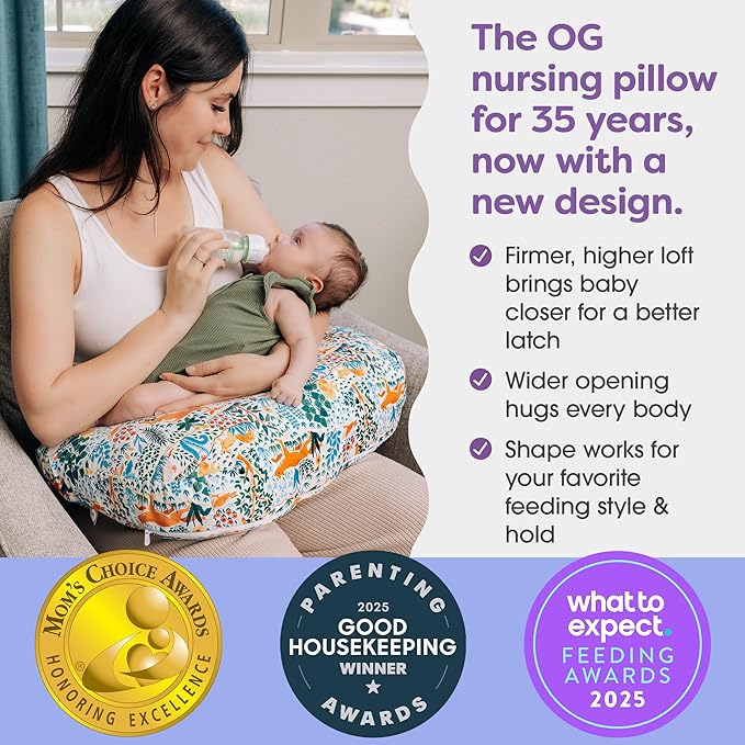 Boppy Nursing Pillow - Ergonomic Bottle & Breastfeeding Pillow with High, Firm, Large Area, Water-Repellent Cushion with Washable Cover; Baby Safety Alliance Verified - Colorful Forest Animals