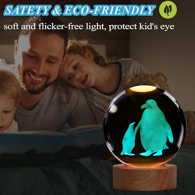 Penguin Night Light, Penguin Gifts, K9 3.15 Inch (80mm) Crystal Ball Night Light with 16 Colors Remote Upgraded Lamp for Birthday Xmas Cool Animal Figurines Gifts for Room Decor Boys Girls