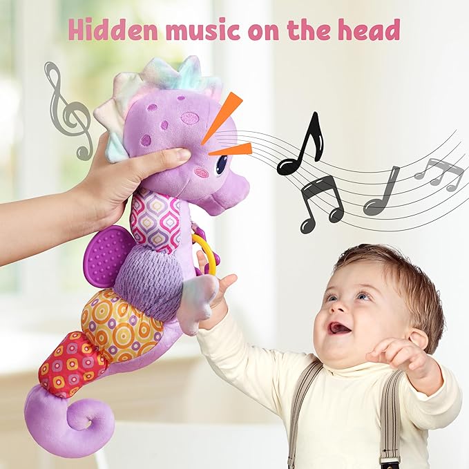 LIGHTDESIRE Baby Toys Musical Seahorse,Infant Stuffed Animals Toy with Crinkle & Rattles,Soft Sensory Toy with Textures,Newborn Toys for Baby Girls Boys 0 3 6 12 Months(Purple)