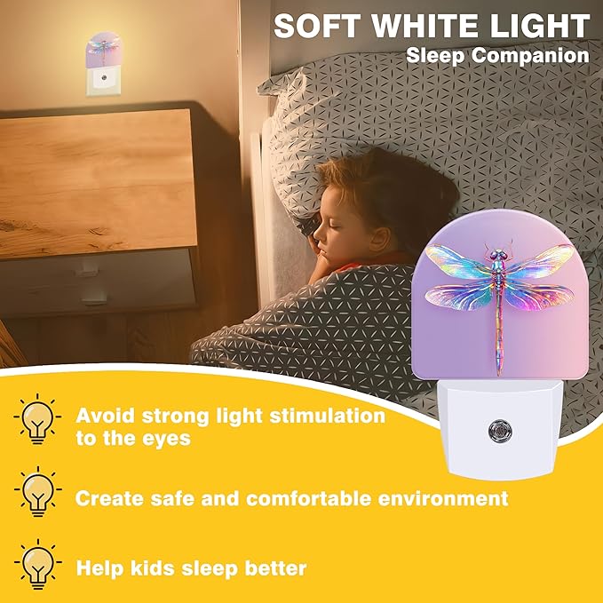 Night Light, Colorful Dragonfly Night Lights Plug into Wall Dusk to Dawn Sensor Round Nightlight for Women Men Energy Efficient Led Lamp 0.5W for Stairway Hallway Bedroom