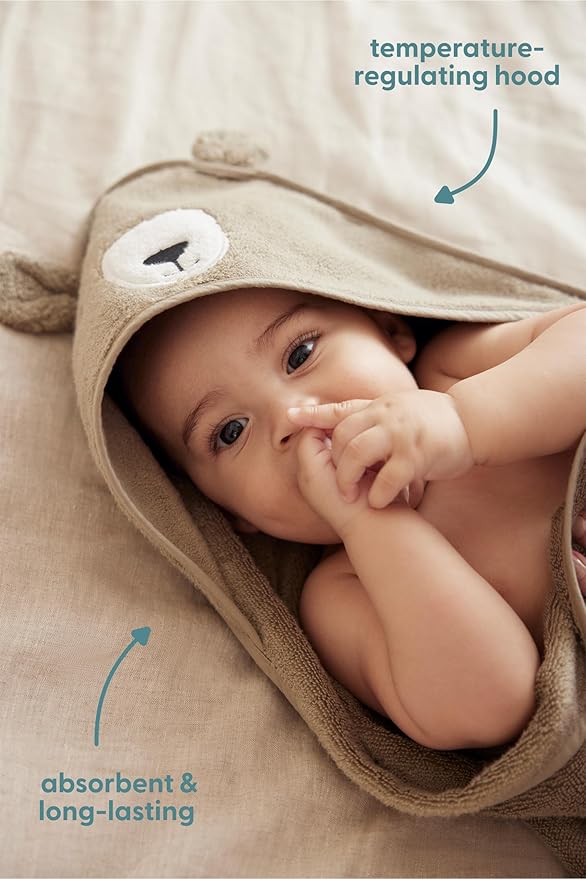 MORI Baby Hooded Bath Towel with Bear Design in Taupe - Unisex Soft Cotton Wrap Cloth for Infants and Newborns - 30 x 30”