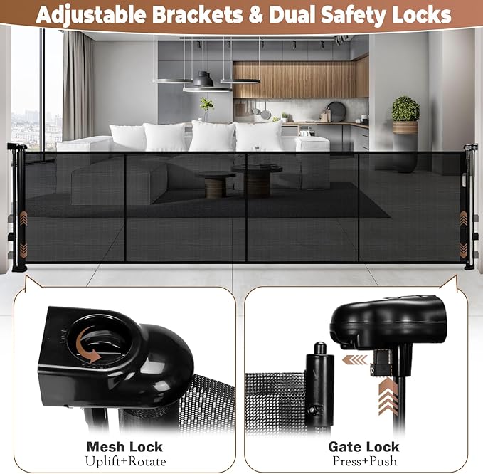 200.1" Retractable Baby Gate Extra Wide, 41" Tall Retractable Dog Gate for Stairs, Doorways, Decks, Mesh Gate Long Child Gate Pet Gate for Indoor, Outdoor, with Reinforced Mesh Rods, Dual Locks