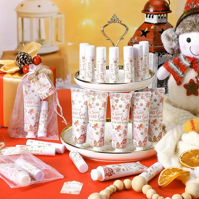 24 Sets Christmas Gingerbread Baby Shower Hand Cream and Lip Balm Gift Christmas Baby Shower Party Favors Travel Size Hand Lotion and Lip Balm Bulk Wedding Bridal Party Supplies for Guest
