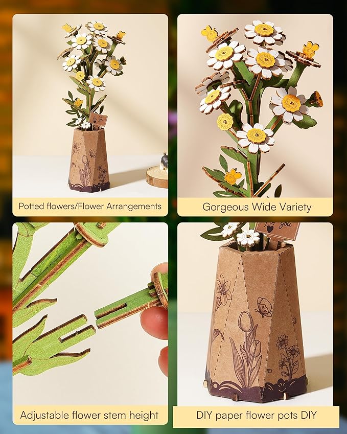 3D Flower Wooden Puzzles for Adults-Chamomile, DIY Wooden Flowers Model Kit Building Set Crafts for Adults to Build, Botanical Collection/Ideal Creative Gift Ideas/Housewarming (101PCS)