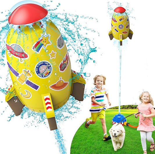 Rocket Sprinkler Toy for Kids, Summer Water Launcher for Backyard Play, Outdoor Lawn Sprinkler Gift for Toddlers and Kids Ages 3 4 5 6 7 8, Easy Setup Water Game with Hose