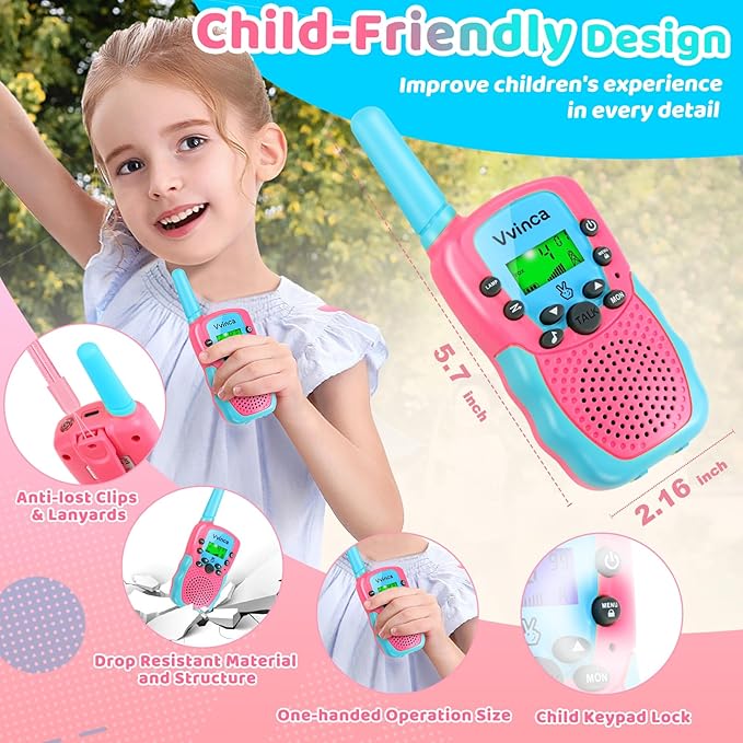 Vvinca Toys for 3-12 Year Old Girls, Rechargeable Walkie Talkies for Kids 22 Channels 2 Way Kids Walkie Talkie with Flashlight for Camping Hiking Indoor Outdoor 3 4 5 6-12 Boy Girl Birthday Gifts Pink