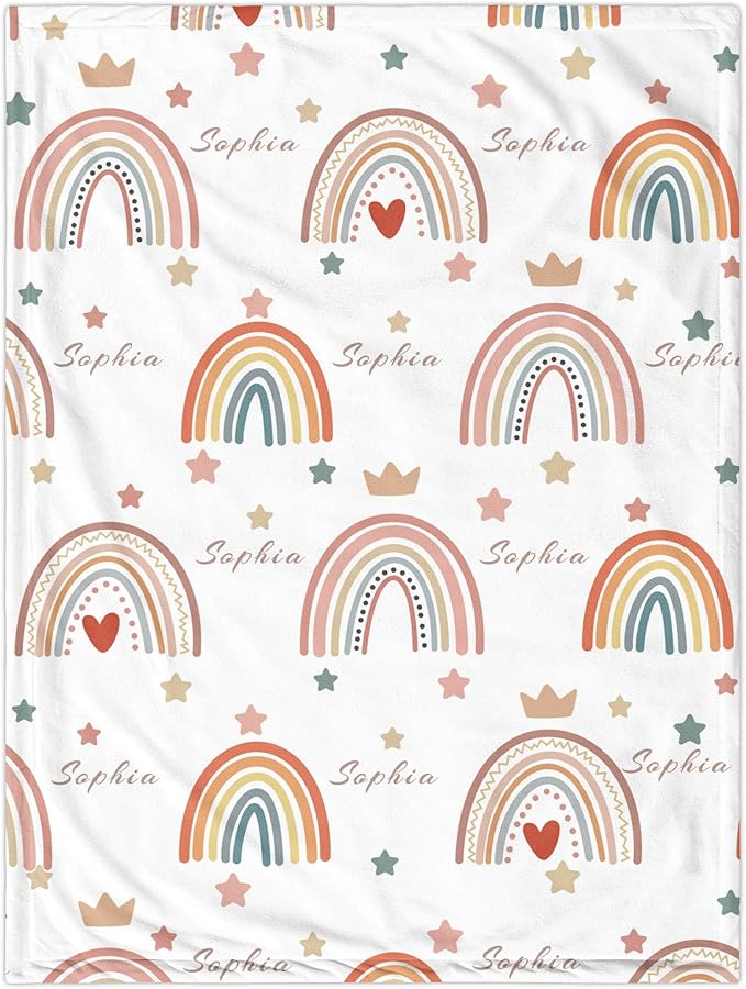 Custom Boho Rainbow Blanket with Name, Personalized Nursery Receiving Blankets for Baby Girls, Customized Newborn, Christmas Birthday Gifts for Girls