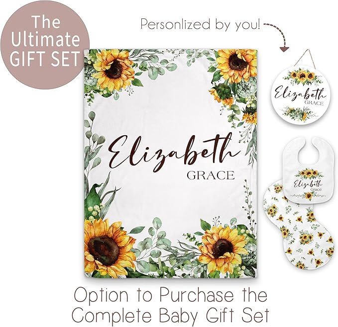 Girls Love A Monogram - Personalzied Custom Floral Baby Blankets for Girls with Name - Personalized Girl Shower Gifts (Sunflower 2, 30 X 40 Baby)