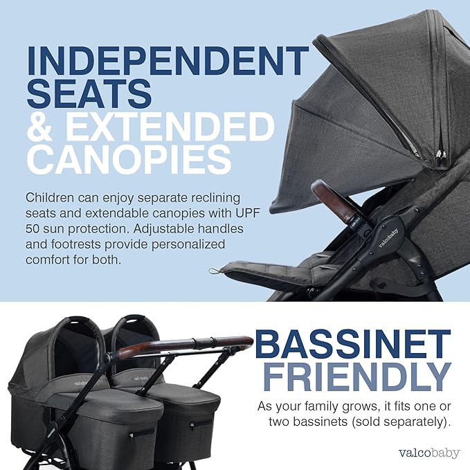 Valco Baby Trend Duo Light Weight Side by Side Double Stroller 2025(Charcoal) - Easy and Compact fold, Multi-Position Recline, Large Canopy, Independent Twin Vents and More - Luxurious Twin Pram