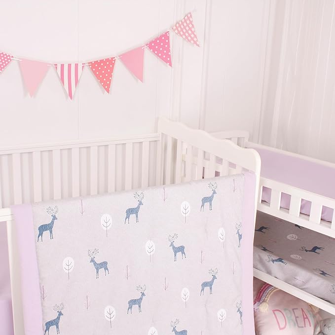 CaSaJa Baby 3-Piece Crib Bedding Set for Boys Girls, Including Soft Quilted Comforter(Blanket), Fitted Crib Sheet and Skirt, Soft Nursery Bedding Set Made of Silky Comfy Materials, Reindeer Forest