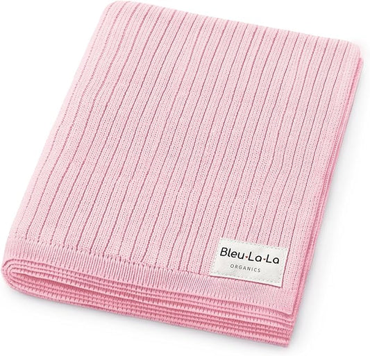 Organic Ribbed Swaddle Blanket for Boys & Girls - 100% Luxury Organic Soft Cotton Knit Warm Cozy Cuddle Stroller Blanket for Newborns, Infants, & Toddlers (Bubblegum)
