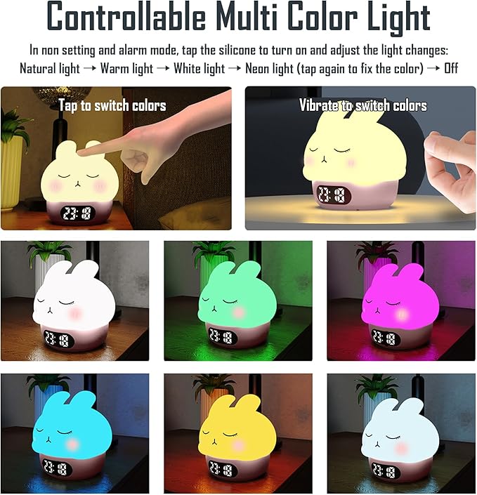 Cute Bunny RGB Rechargeable Night Light, Soft Silicone Lampshade, Adjustable Brightness LED Clock, Date, Alarm, Thermometer, Timer, Tap Control, Bedroom Lamp, Gift for Girl and Kid (Pink Bunny)