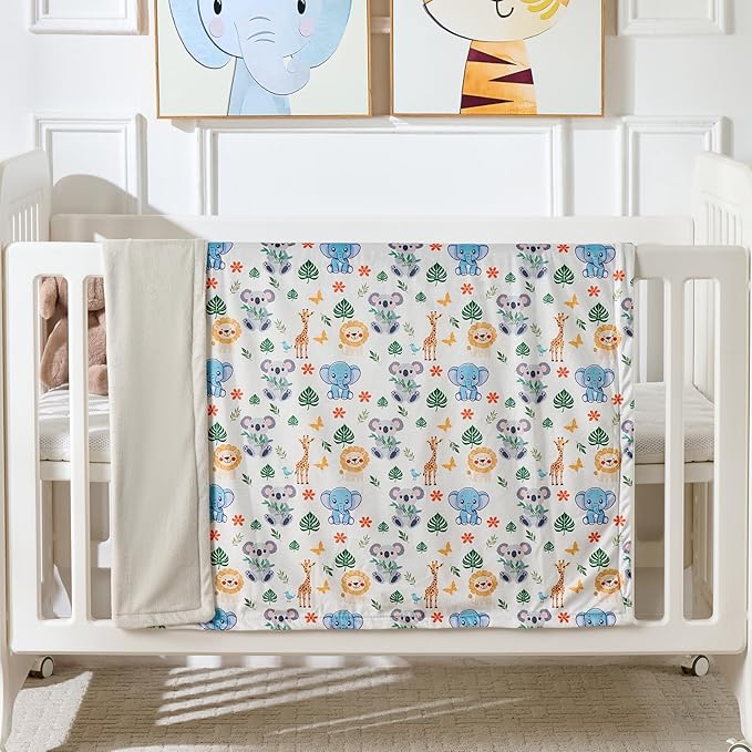 Baby Blanket 30x40 Inches Soft Double Layer Fleece Throw with Cute Animals Print Gender Neutral Crib Blanket for Infant, Toddler, Newborn Baby Girl or Boy Shower Gift