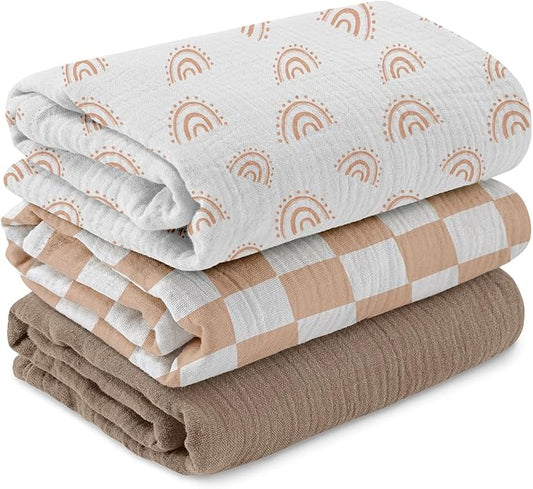 Muslin Swaddle Blankets for Newborn, 3 Pack Breathable Soft Receiving Blanket, Large 38 x 40 inches Swaddle Wrap Burping Clothes Diapers, Essentials Infant Shower Items, Toddler Gift (Rainbow & Grid)