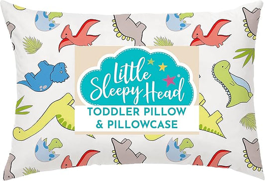 Little Sleepy Head Toddler Pillow with Pillowcase 13x18 - Kids Pillow for Sleeping - Better Neck Support Ergonomic Pillow and Toddler Pillowcase - Best Pillows for Kids (Dinosaurs White)