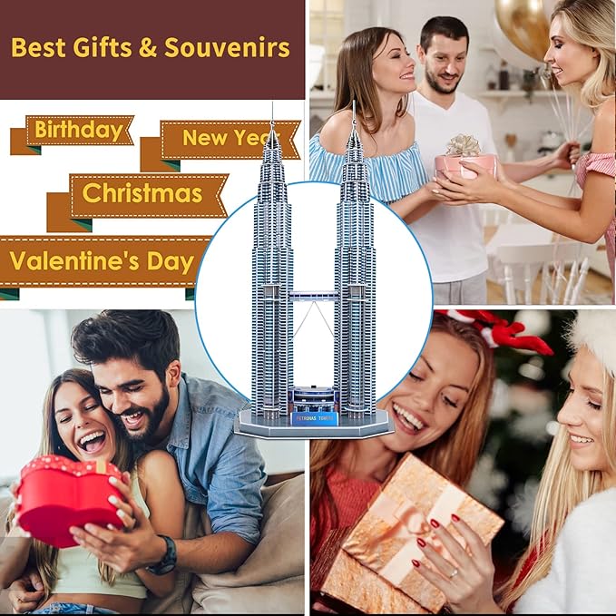 3D Puzzles for Adults & Kids, Petronas Twin Towers City Architecture Building Model Kit, 3-D Jigsaw Puzzles DIY STEM Desk Toys Christmas Birthday Gift for Hobbyist Teens Boys Girls 10-12-14, 130 PCS