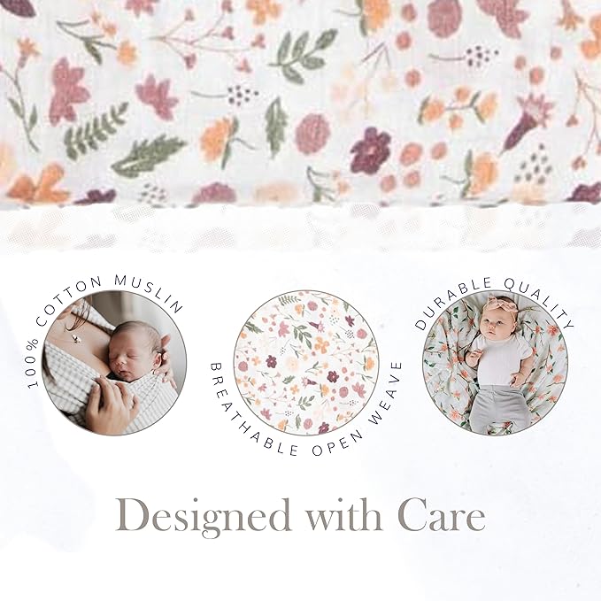 RED ROVR 100% Certified Organic Cotton Muslin Swaddle | Newborn Receiving Blanket | Baby Wrap | Boy, Girl, Unisex | Soft, Lightweight, Breathable | Burping, Nursing | 44" x 44" | Mauve Meadow