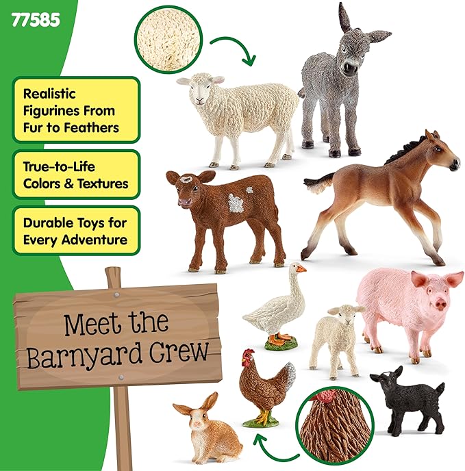 Schleich Farm World - 10 PC Farm Animal Playset with Cow, Donkey, Chicken, Pig, Bunny, Horse Toys and More -Realistic Barnyard Figurines - Fun Educational Figures For Kids and Toddlers Ages 3+ - 77585
