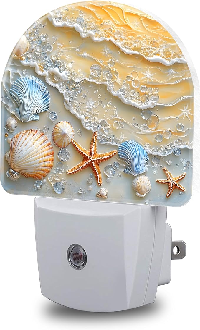 Night Light, Seashells and Seastars on Beach Night Lights Plug into Wall Dusk to Dawn Sensor Round Nightlight for Women Men Energy Efficient Led Lamp 0.5W for Stairway Hallway Bedroom