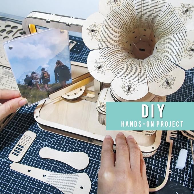 CUBERIE 3D Puzzles for Adults, Gramophone Wooden Model kit Music Box Gifts for Woman Man, Assembly Three-D Wood Puzzle Decor with Acrylic Picture Frame, Toys for Ages 14 and up