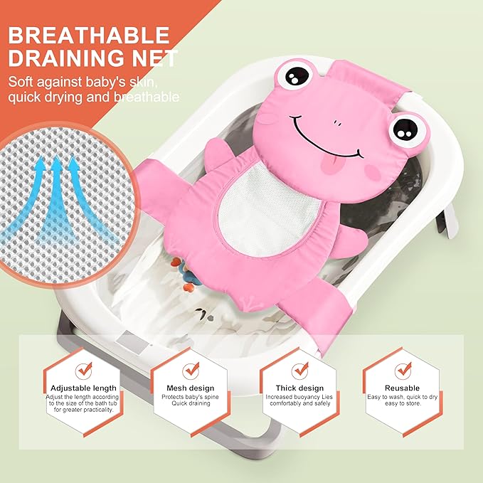 Baby Bath Seat Support Net, Quick Drying, Adjustable, Comfortable, Non-Slip, Infant Bathtub Sling Shower Mesh for a Tub, Soft Newborn Bath Mat (Deep Pink Frog)
