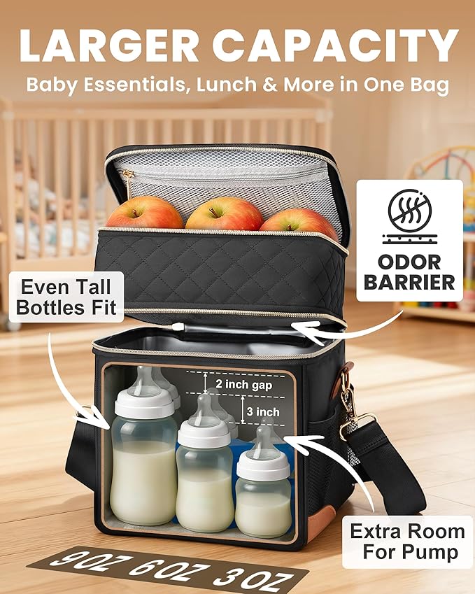 Breastmilk Cooler Bag with Ice Pack, Upgraded Breast Milk Cooler Waterproof Baby Bottle Cooler Bag Fits 6 Baby Bottles Up to 9 Ounce Leak-Proof Bottle Storage Bag for Nursing Moms