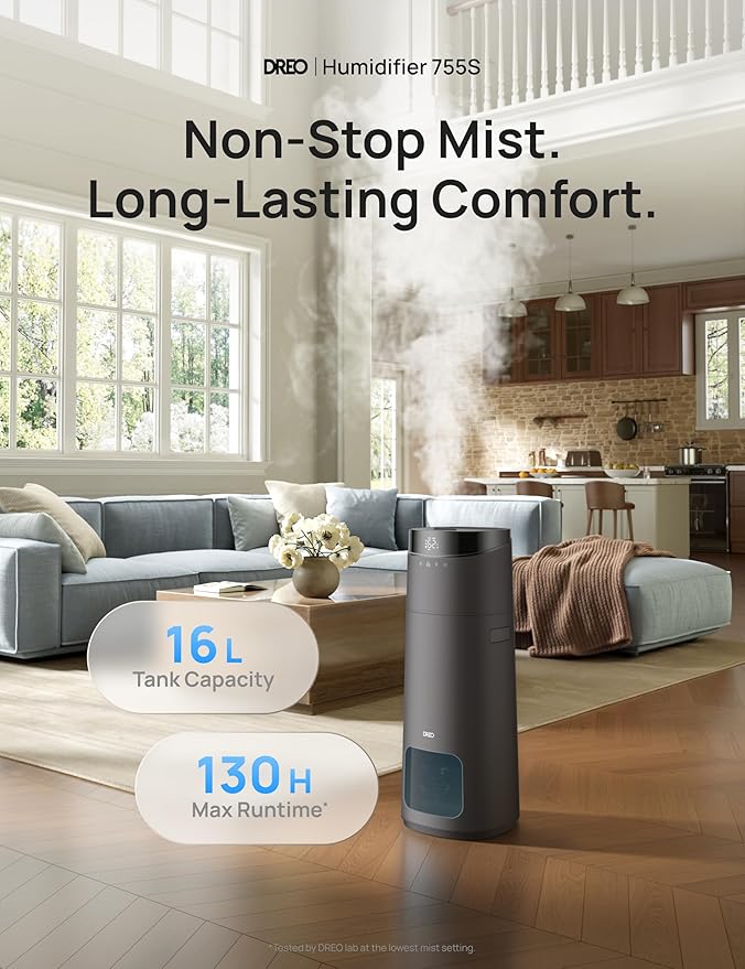 Dreo 16L Smart Humidifier Large Room 1000 ft², 130H Cool Mist Air Humidifiers for Bedroom Plants Baby, Top Fill, Remote/Touch/Voice & APP Control, Self-Cleaning Tank, 30dB, RGB Light, HM755S Grey