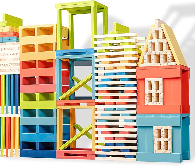 300pcs Open Ended Wooden Building Blocks for Kids 6.6lb, Solid Rectangular Wood Construction Toys for Toddlers, STEM Building Set,Birthday Gift for Kids Ages 3-8 Small 4.7" - Pine Rainbow