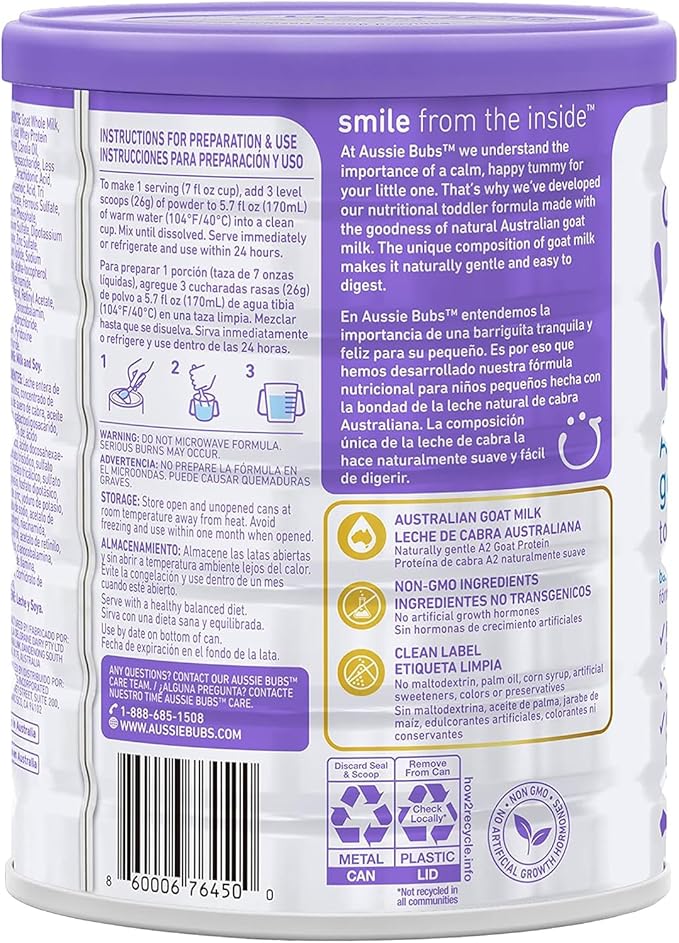 Aussie Bubs Australian Goat Milk-Based Toddler Formula, For Kids 12-36 months, Made with Fresh Goat Milk, 28.2 oz