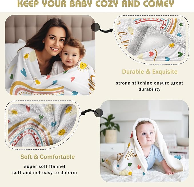 Personalized Baby Name Blanket for Girl Gifts for Baby Shower Christmas Birthday Custom Blanket with Boho Style Rainbow Customized Gifts for Newborn New Baby