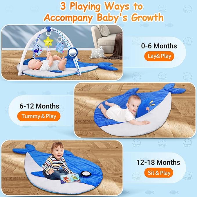 Baby Play Gym & Activity Mat,Oversize Whale Shaped Baby Play Mat w 6 Detachable Toys,Tummy Time Mat Promote Motor Skills & Sensory Development Mat, Newborn Infant Baby Essentials Gift