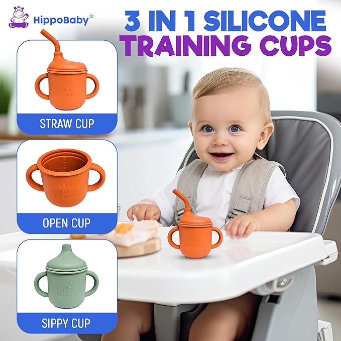 Silicone Transition Sippy Cup for 6+ month old | Includes 1 Toddler straw cup & 1 Baby Sippy Cup with Handles 5 oz | Perfect for Baby Led Weaning (Autumn/Mint, 5 oz)