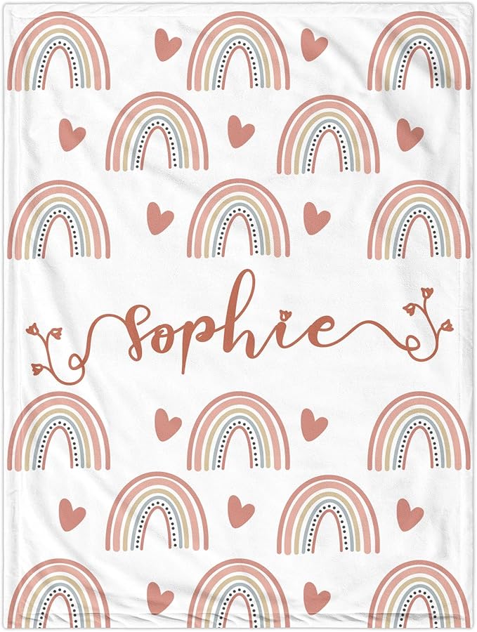 Custom Boho Rainbow Blanket for Baby Girls, Personalized Nursery Blanket with Name, Newborn Baby Girl Shower Gifts, Christmas Birthday Expecting Mom Gift