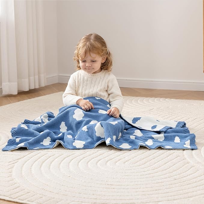 Berkshire Baby Blanket,Ultra-Plush Reversible Chenille Knit Toddler Blanket,Cute Pattern Nursery Crib Blanket,Ideal Baby Gift(30x40 Inches,Bouncy Clouds Harbor Blue)