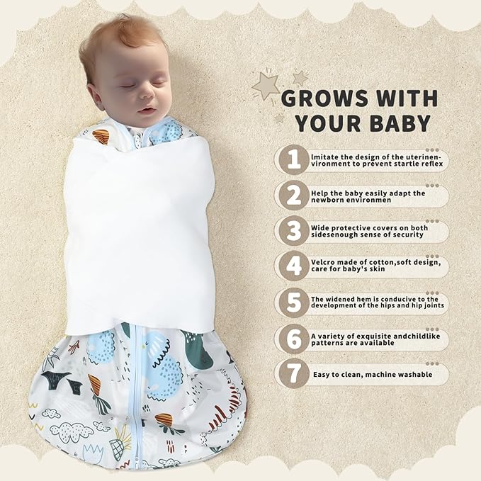 Newborn Sleep Sack Baby Swaddle,3-Way Adjustable Wearable Blanket,100% Rayon Cotton Swaddling sleeping bag. (Dinosaur&Hexagon, 0-3 Months)