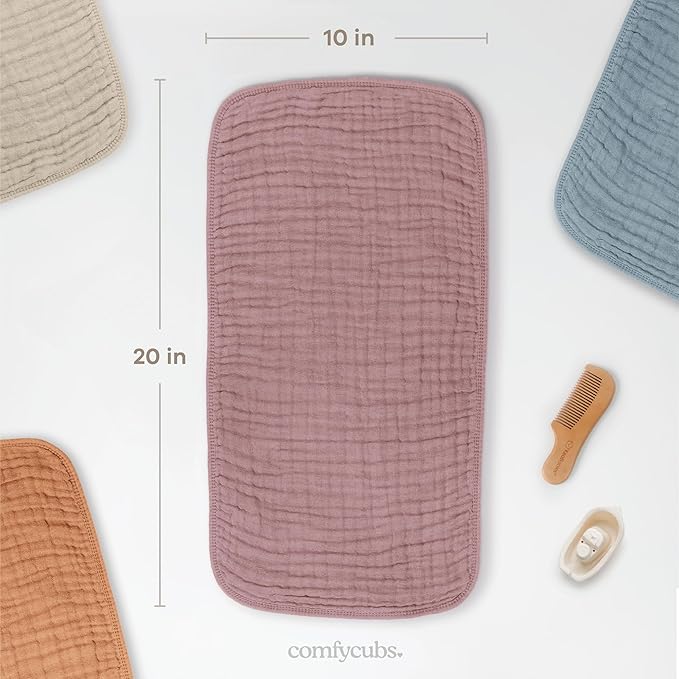 Comfy Cubs Muslin Burp Cloths 20" x 10", Pack of 10 - Large, 6-Layer, Ultra Absorbent 100% Cotton for Baby Drool and Messes - Soft, Safe & Gentle Baby Burp Cloths for Boys & Girls - Mauve