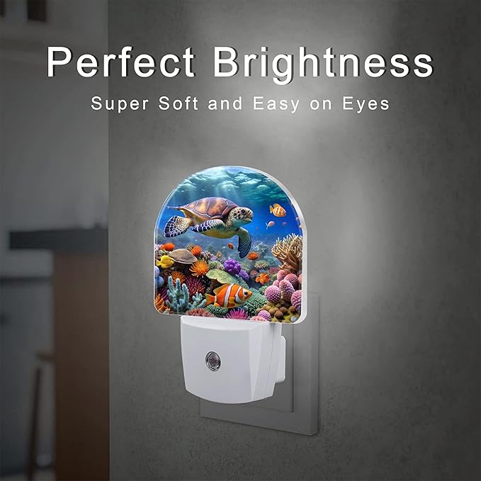 Sea Turtle in Coral Reefs Night Light, Underwater World Marine Fish Corals Dusk to Dawn Night Light Plug in,0.5w Energy Saving Sleep Friendly NightLight for Kids Boys Girls Home Decor