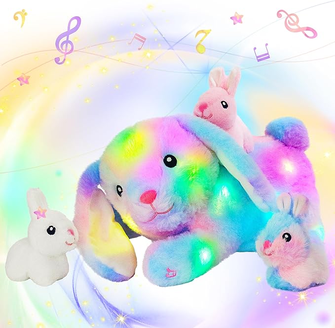 Hopearl LED Musical Stuffed Bunny Light up Singing Plush Toy Playset Mommy Rabbit with 3 Baby Bunnies in her Tummy Adjustable Volume Lullaby Animated Soothe Gifts for Kids Toddler Girls, Rainbow, 12''