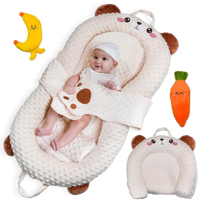 Baby Lounger for Newborns to 12 Months, Premium Velvet Cover, Infant Nest, Tummy Time Mat, Bottle Feeding Pillow & Portable Co-Sleeper Bed with Carrot & Banana Toys