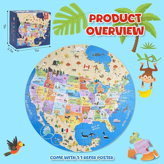 USA Map Puzzle for Kids -70 Piece Round United States Puzzles for Kids Ages 4 and Up, Toddler Puzzle Globe Geography Games Educational Toys Gifts for Boys Girls Childre(United States Map)